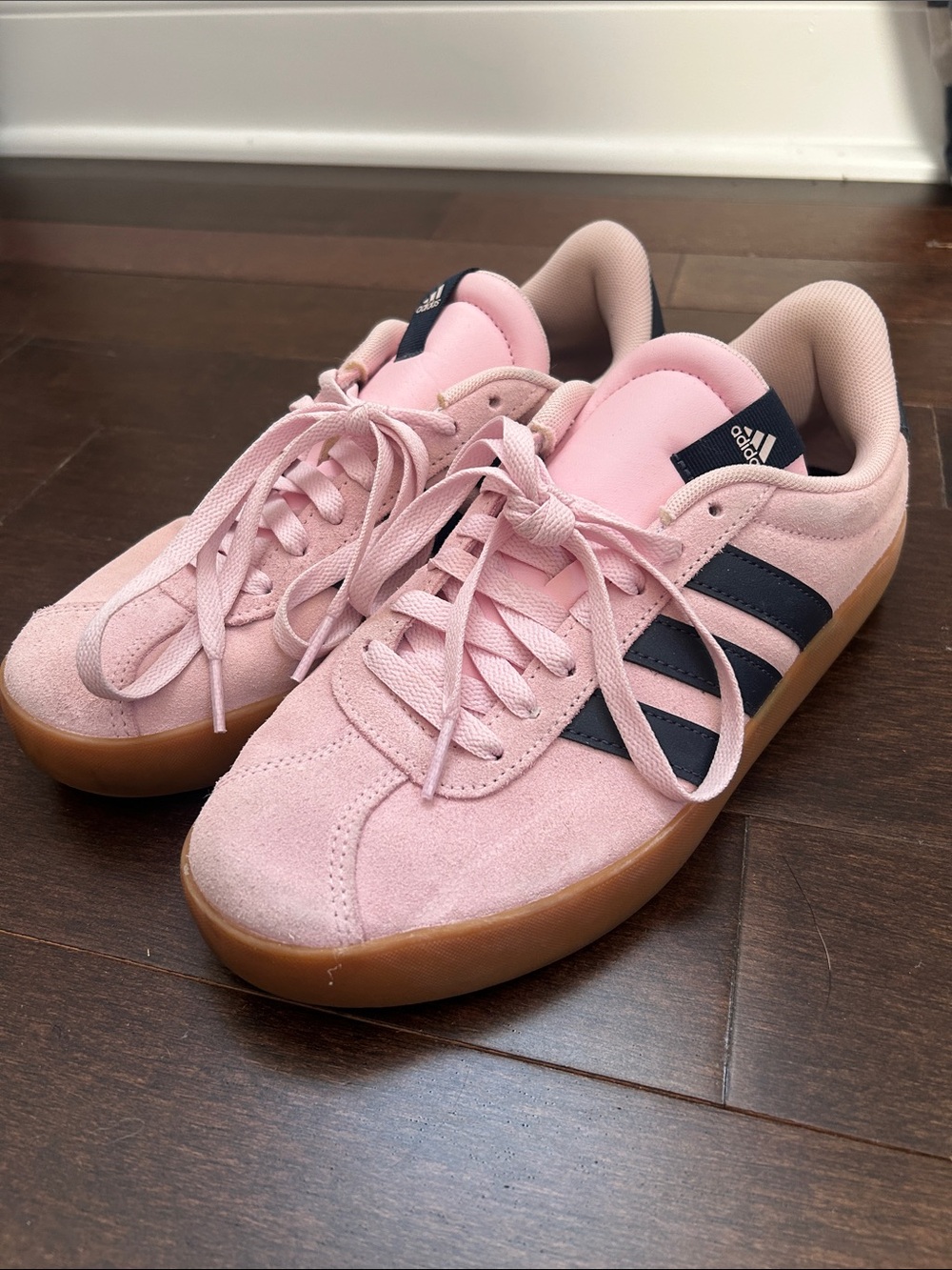 adidas Pink Suede Sneakers with Navy Stripes and Gum Sole